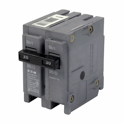 Eaton BR thermal magnetic circuit breaker,Type BR 1-Inch plug-on high-magnetic circuit breaker,30 A,22 kAIC,Two-pole,120/240V,BRH,Common breaker trip,#14-4 AWG Cu/Al,Q28,BRH,Type BR Loadcenters