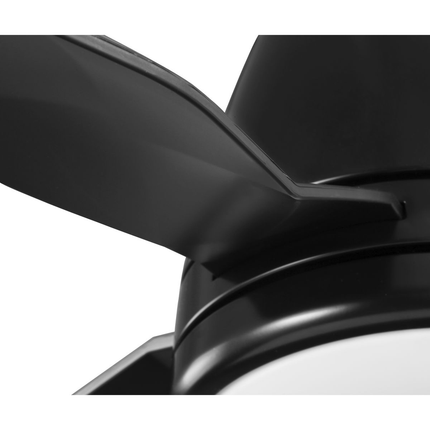 Black-finished ceiling fan with white opal shade.