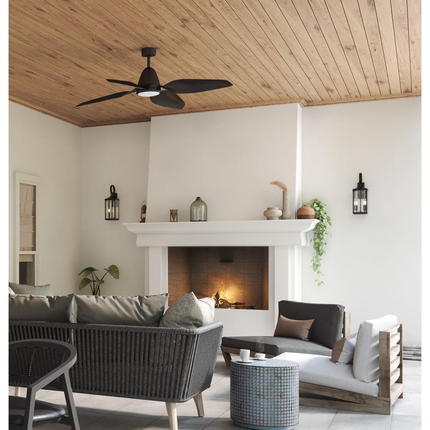 Black-finished ceiling fan with white opal shade.