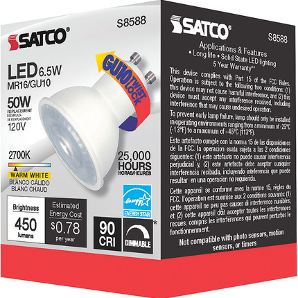 6.5 Watt; LED MR16 LED; 2700K; 40 deg. Beam Angle; GU10 base; 120 Volt