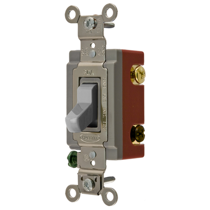 Switches and Lighting Controls, Extra Heavy Duty Industrial Grade, Toggle Switches, General Purpose AC, Three Way, 20A 120/277V AC, Back and Side Wired, Gray Toggle
