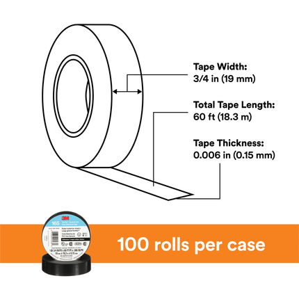 3M Temflex Vinyl Electrical Tape 165, Black, 3/4 in x 60 ft x .006 in, 100 Rolls/Case
