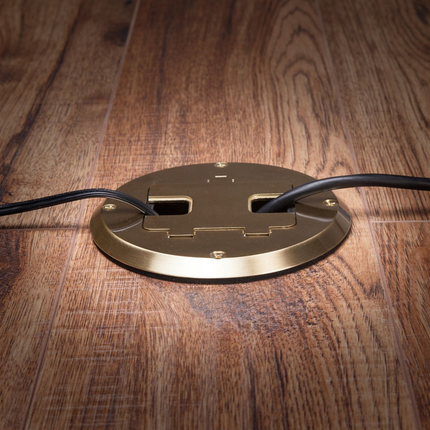 Single Gang Floor Box Kit with Recessed Duplex 15A TR Device and Adjustable Steel Box, Brass Finish