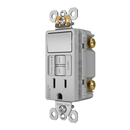 radiant® Combination Single Pole Switch and Tamper-Reistant 15A Duplex Self-Test GFCI Receptacles with SafeLock® Protection, Gray