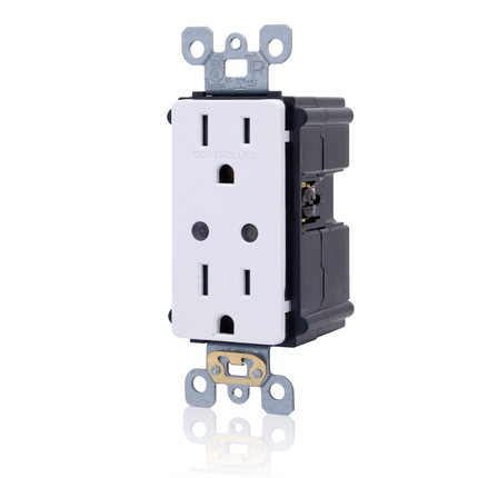 LevNet RF Wireless, duplex receptacle, top outlet controlled & bottom outlet is Hot, wire-in relay plus RF receiver, 15A, AutoON/AutoOFF, ManualON/AutoOFF, Time delay: 15m, egress delay: 0s, 902mHz, EnOcean protocol, 120VAC; 50/60Hz, 1-pole.