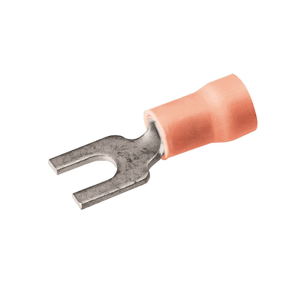 Copper Terminal, Fork Tongue, 22-16 AWG, #6-#8 Stud, Vinyl Insulated, Tin Plated