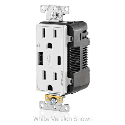 Dual Marked “Controlled” Tamper-Resistant USB Receptacle, Type A/C, 15 Amp 125 Volt, Black