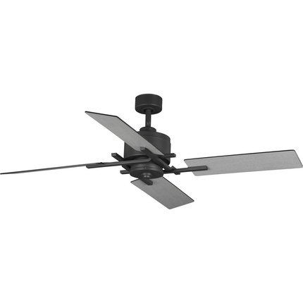 Graphite ceiling fan with rustic lattice-work like design.