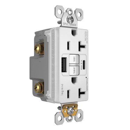 radiant® Tamper-Resistant 20A Duplex Self-Test GFCI Receptacles with SafeLock® Protection, Type A/C Outlet, White