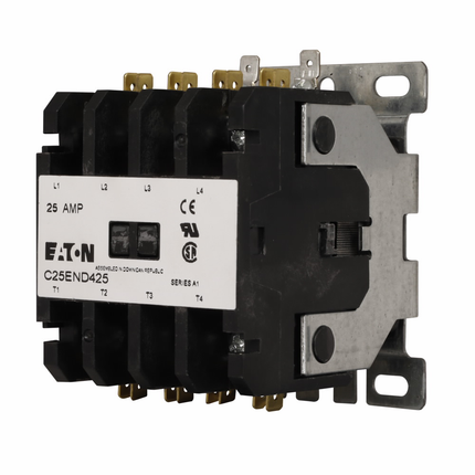 Eaton Definite purpose control contactor, Non-reversing, Four-pole, 30A, 110-120 Vac, 50/60 Hz, Open with metal mounting plate, Screw/pressure plate and quick connect terminals (side-by-side), 30A IFL, 40A RL