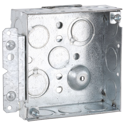4 in. Square Box, Welded, 1-1/2 in. Deep with Eight 1/2 in. KO's  & Five TKO's, Raised Ground, 10 in., UBS, HM Bracket