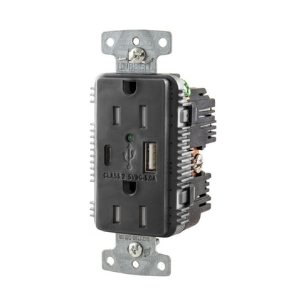 HUBBELL USB15AC5BK RCPT DUP 15A 125V 5A 5V USB PORT AC BK