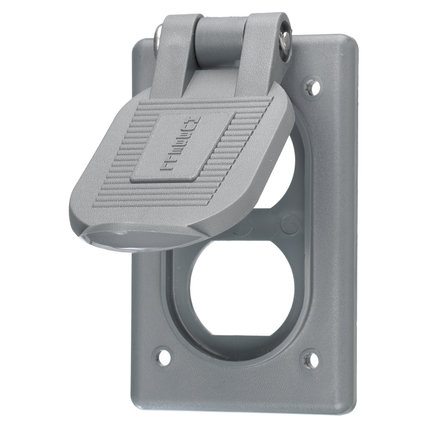 Wallplates and Boxes, Weatherproof Covers, 1-Gang, 1) Duplex Opening, Standard Size, Gray Polycarbonate, Box Mount