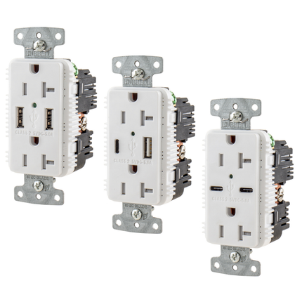 USB Charger Duplex Receptacle, 20A 125V,2-Pole 3-Wire Grounding, 5-20R, 2) 5A USB Ports, White