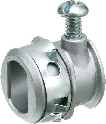 Zinc die-cast, 1/2" knockout set-screw connector with spring steel clip for steel only. Concrete tight when sealed.