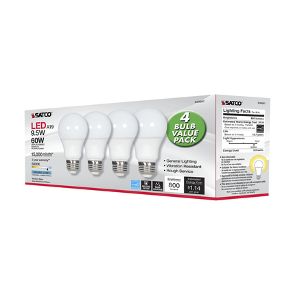 9.5 Watt; A19 LED; Frost; 5000K; Medium base; 220 deg. Beam Angle; 120 Volt; Non-Dimmable; 4-Pack