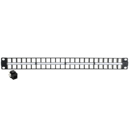 Cat 6 QuickPort High Density Patch Panel, 48-Port, 1RU. Cable management bar (49005-DMB) and port ID label kit included.