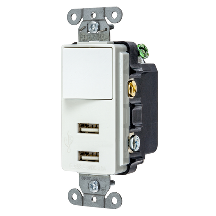 USB Charger, Combo Devices, SinglePole/Three Way Switch, 5V 3A, 4-Port, 15A 120V AC, 2-Pole 3-Wire Grounding, 5-15R, White