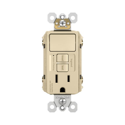 radiant® Combination Single Pole Switch and Tamper-Reistant 15A Duplex Self-Test GFCI Receptacles with SafeLock® Protection, Ivory