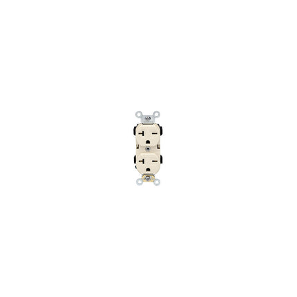 Duplex Receptacle Outlet, Commercial Specification Grade, Indented Face, 20 Amp, 250 Volt, Back or Side Wire, NEMA 6-20R, 2-Pole, 3-Wire, Self-Grounding - Ivory