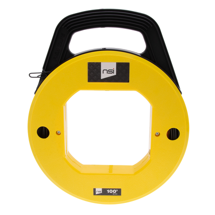 NSI FTS100 STEEL FISHTAPE REAL AND WINDER, FORMED HOOK, 100FOOT; 500LB MAX, HIGH VIS YELLOW
