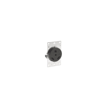 30 Amp, 125 Volt, NEMA TT-30R, 2P, 3W, Flush Mtg Receptacle, Straight Blade, Industrial Grade, Grounding, (For Recreational Vehicles), Side Wired, Steel Strap - Black