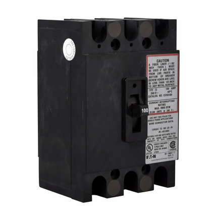 Eaton CC enclosed breaker,Molded case breaker,High interrupting capacity,200 A,100 kAIC,Three-pole,240 V,!,#2/0 AWG-300 kcmil Cu/Al,CCH,Type ECC Unit enclosures,120 V Shunt trip