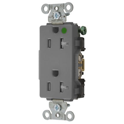 Straight Blade Devices, Tamper Resistant Decorator Duplex Receptacle, Hospital Grade, Hubbell-Pro, 20A 125V, 2- Pole 3-Wire Grounding, 5-20R, Gray
