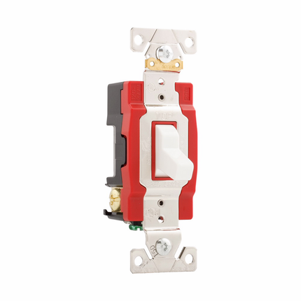 Eaton Arrow Hart industrial grade toggle switch, #14-10 AWG, 20A, Industrial, Wall, 120/277V, Back and side, Screw, White, Three-Way, Brass, Terminals: 0.031 in, Polycarbonate