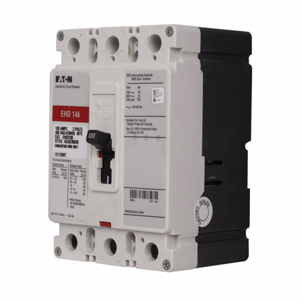 Eaton Series C complete molded case circuit breaker, F-frame, EHD, Complete breaker, Fixed thermal, fixed magnetic trip type, Three-pole, 100A, 18 kAIC at 240 Vac, 14 kAIC at 480 Vac, Line and load, 50/60 Hz