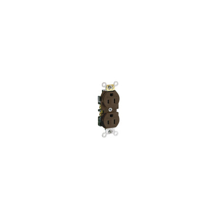 15 Amp, 125 Volt, NEMA 5-15R, 2P, 3W, Narrow Body Duplex Receptacle, Straight Blade, Commercial Grade, Self Grounding, Tamper-Resistant, Side Wired, Steel Strap - BROWN