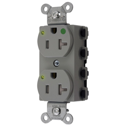 Straight Blade Devices, Receptacles, Duplex, SNAPConnect, Hospital Grade, Tamper Resistant, LED Indicator, 20A 125V, 2-Pole 3-Wire Grounding, 5-20R, Nylon, Gray, USA