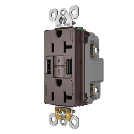 radiant® Tamper-Resistant 20A Duplex Self-Test GFCI Receptacles with SafeLock® Protection, Type A/A Outlet, Brown