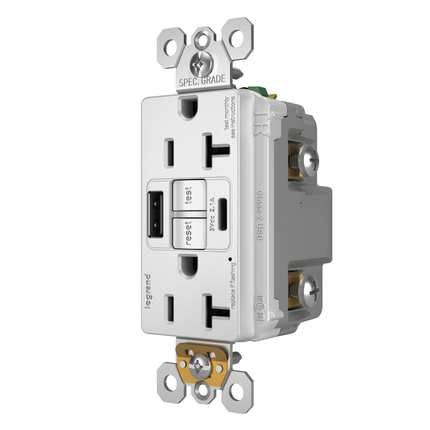 radiant® Tamper-Resistant 20A Duplex Self-Test GFCI Receptacles with SafeLock® Protection, Type A/C Outlet, White