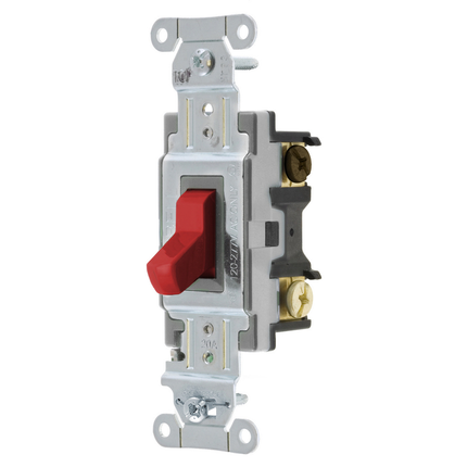 Switches and Lighting Controls, Toggle Switch, Commercial Grade, Three Way, 20A 120/277V AC, Back and Side Wired, Red