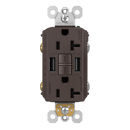 radiant® Tamper-Resistant 20A Duplex Self-Test GFCI Receptacles with SafeLock® Protection, Type A/A Outlet, Brown