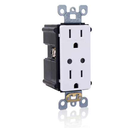 LevNet RF Wireless, duplex receptacle, top outlet controlled & bottom outlet is Hot, wire-in relay plus RF receiver, 15A, AutoON/AutoOFF, ManualON/AutoOFF, Time delay: 15m, egress delay: 0s, 902mHz, EnOcean protocol, 120VAC; 50/60Hz, 1-pole.