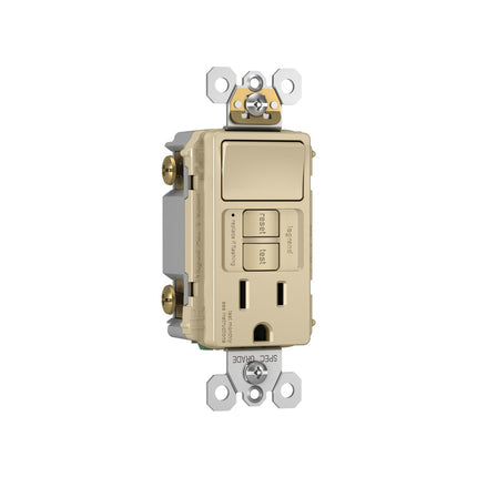 radiant® Combination Single Pole Switch and Tamper-Reistant 15A Duplex Self-Test GFCI Receptacles with SafeLock® Protection, Ivory