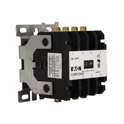 Eaton Definite purpose control contactor, Non-reversing, Four-pole, 30A, 110-120 Vac, 50/60 Hz, Open with metal mounting plate, Screw/pressure plate and quick connect terminals (side-by-side), 30A IFL, 40A RL