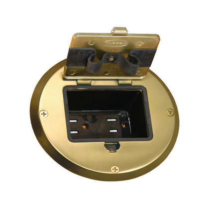 Single Gang Floor Box Kit with Recessed Duplex 15A TR Device and Adjustable Steel Box, Brass Finish