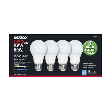 9.5 Watt; A19 LED; Frost; 5000K; Medium base; 220 deg. Beam Angle; 120 Volt; Non-Dimmable; 4-Pack