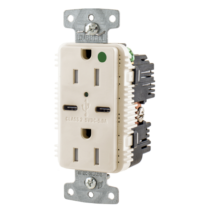 USB Charger Duplex Receptacle, HospitalGrade, 20A 125V, 2-Pole 3-Wire Grounding, 5-20R, 1) 5A "C" USB Ports,Light Almond