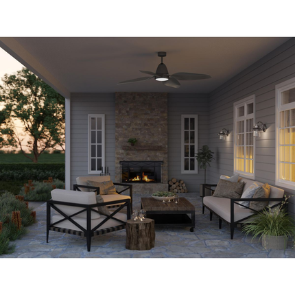 Brushed nickel-finished ceiling fan with white opal shade.