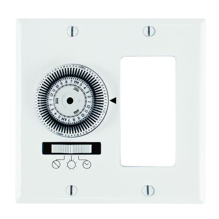 24-Hour Heavy-Duty Mechanical In-Wall Timer, Timer and Decorator Switch, 120 VAC, 20A, SPST, 2 Gang, White