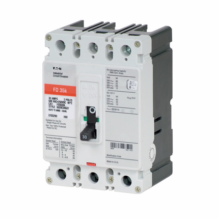 Eaton Series C complete molded case circuit breaker, F-frame, FD, Complete breaker, Fixed thermal, fixed magnetic trip type, Three-pole, 30A, 600 Vac, 250 Vdc, 65 kAIC at 240 Vac, 35 kAIC at 480 Vac, Line and load, 50/60 Hz