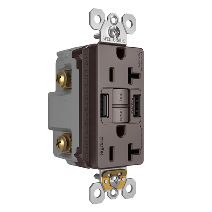radiant® Tamper-Resistant 20A Duplex Self-Test GFCI Receptacles with SafeLock® Protection, Type A/A Outlet, Brown
