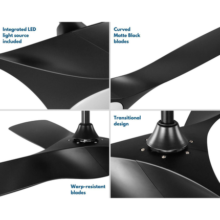 Three-blade 52" matte black transitional indoor/outdoor ceiling fan.