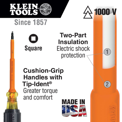 Insulated Screwdriver, #1 Square Tip, 4-Inch Shank