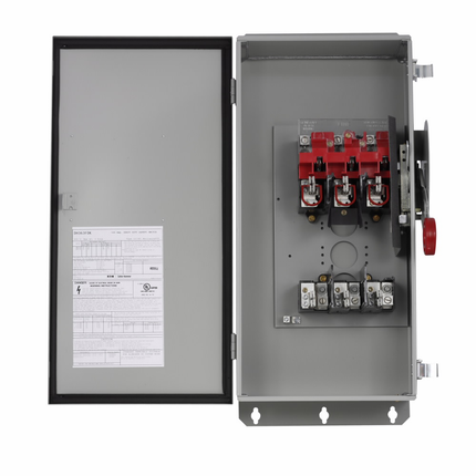 Eaton Heavy duty single-throw fused safety switch, 100 A, NEMA 12, Painted galvanized steel, Class H, Fusible without neutral, Two-pole, Two-wire, 600 V, Max Hp: 30, 40 hp/25 hp (1PH @480,600 V TD/600 Vdc), #14-#1/0 Cu/Al