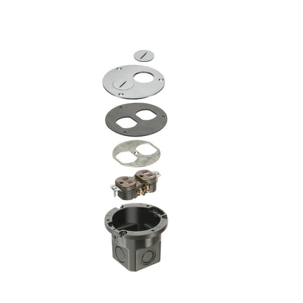 Flush to floor round cut in floor box kit. Nickel cover with threaded plugs.